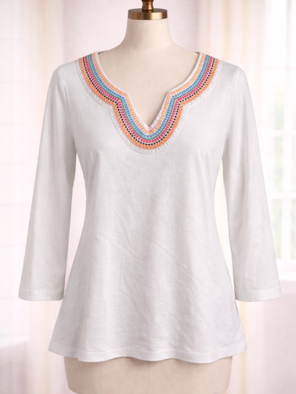 Rafaella White V-Neck Embroidered Tunic